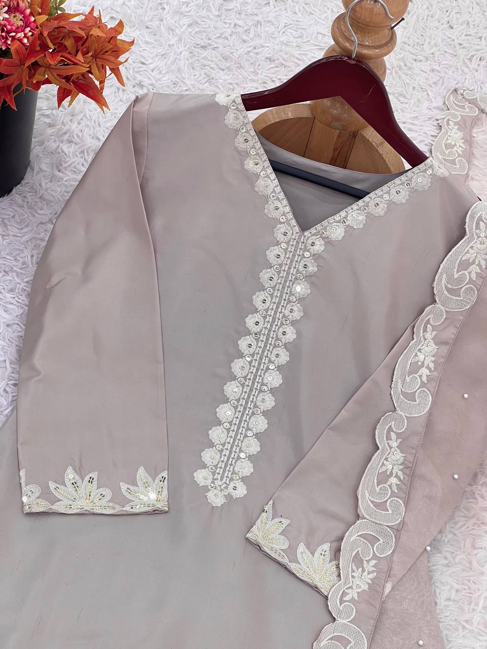 Wedding Wear Beige Color Pure Natural Crepe Silk With Embroidery Sequence Work Palazzo Suit