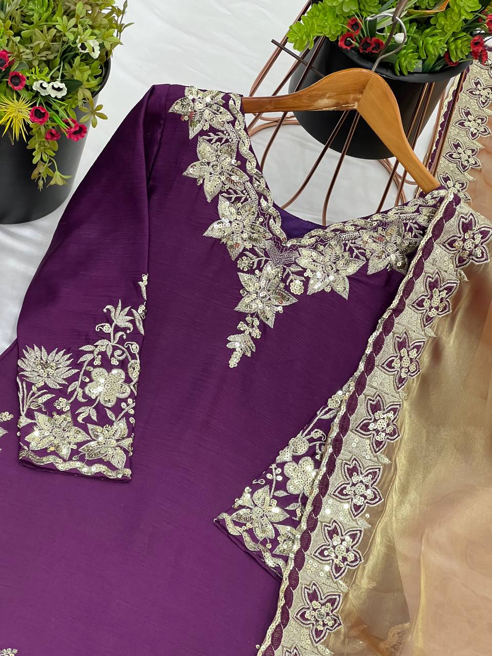 Wedding Wear Dark Purple Color Pure Chinon Silk With Heavy Embroidery Sequence Work Palazzo Suit