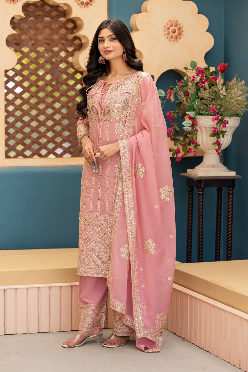 Stunning Peach Color Heavy Star Georgette With Embroidery Coding Sequences Work Salwar Suit