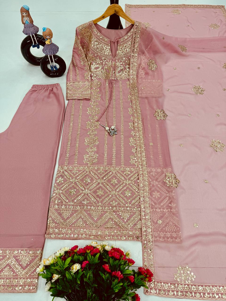 Stunning Peach Color Heavy Star Georgette With Embroidery Coding Sequences Work Salwar Suit