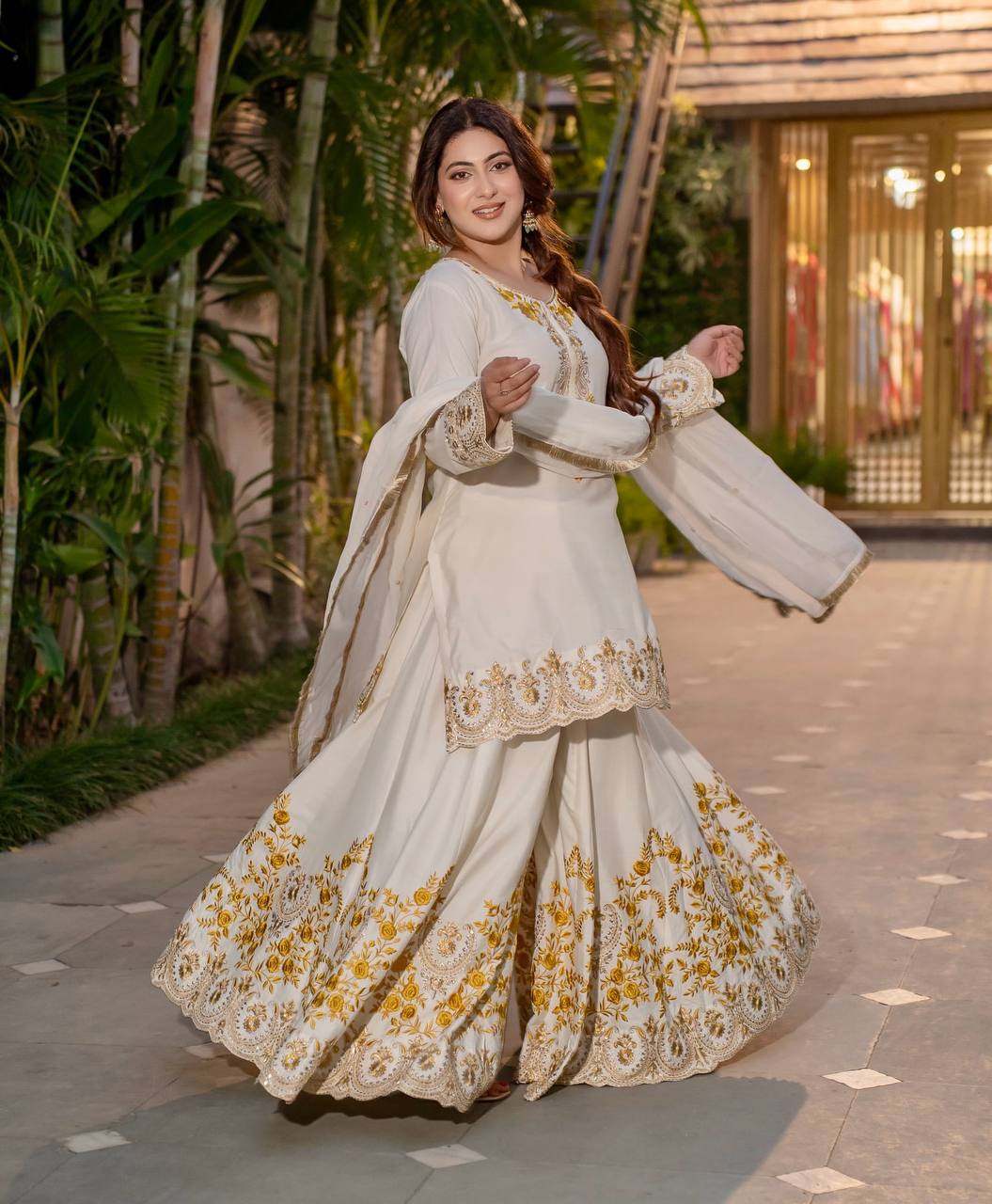 Exclusive Off White Color Heavy French Crepe With Embroidery Sequence Work Sharara Suit