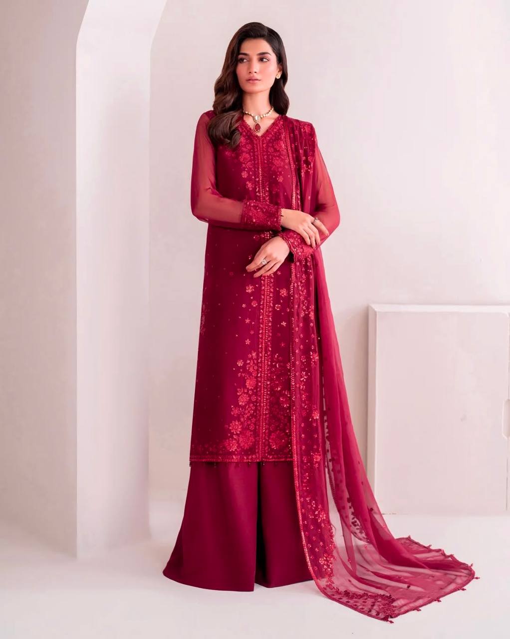 Festive Wear Maroon Color Pure Faux Georgette With Embroidery Sequence Work Palazzo Suit