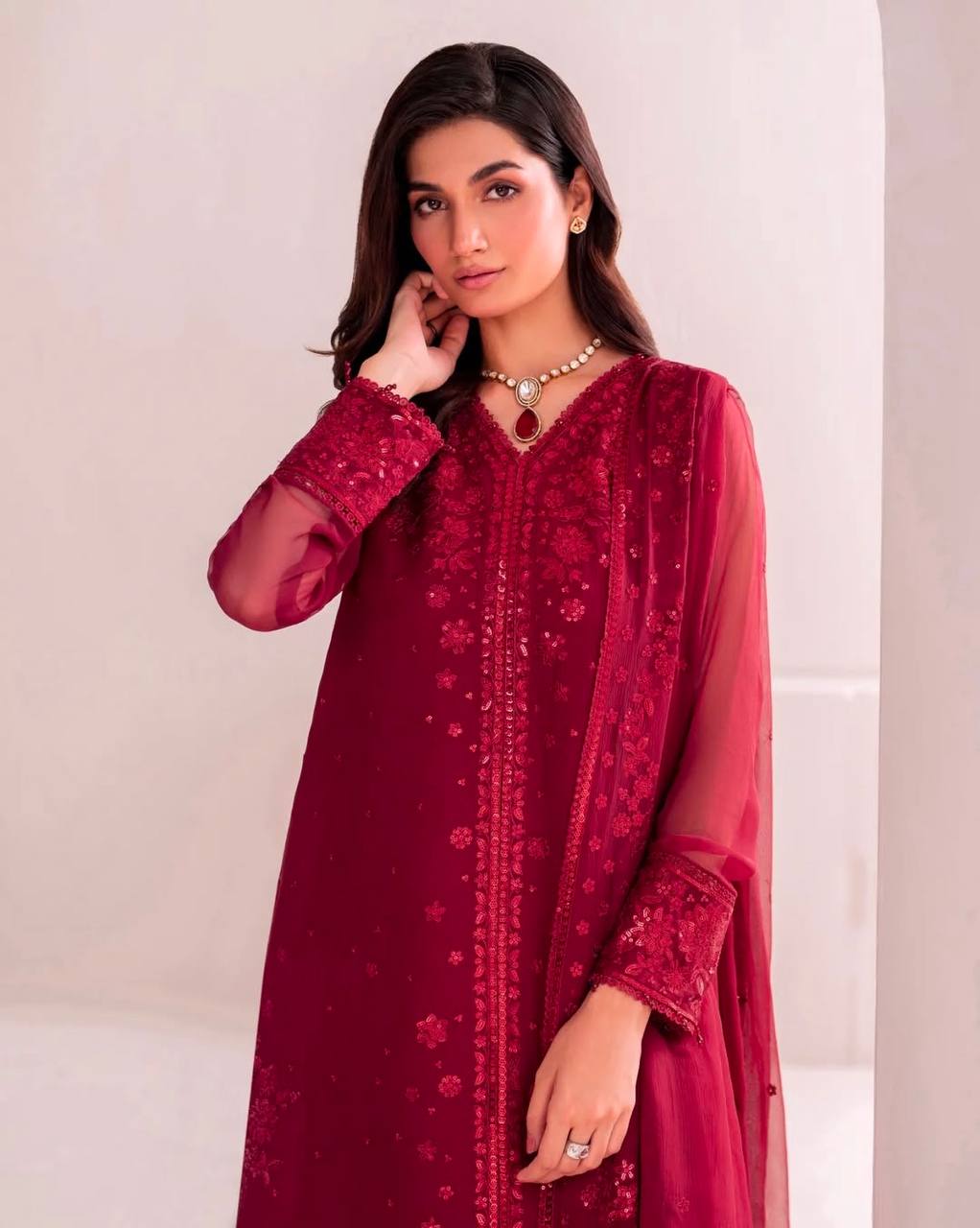 Festive Wear Maroon Color Pure Faux Georgette With Embroidery Sequence Work Palazzo Suit