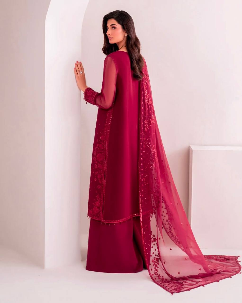 Festive Wear Maroon Color Pure Faux Georgette With Embroidery Sequence Work Palazzo Suit