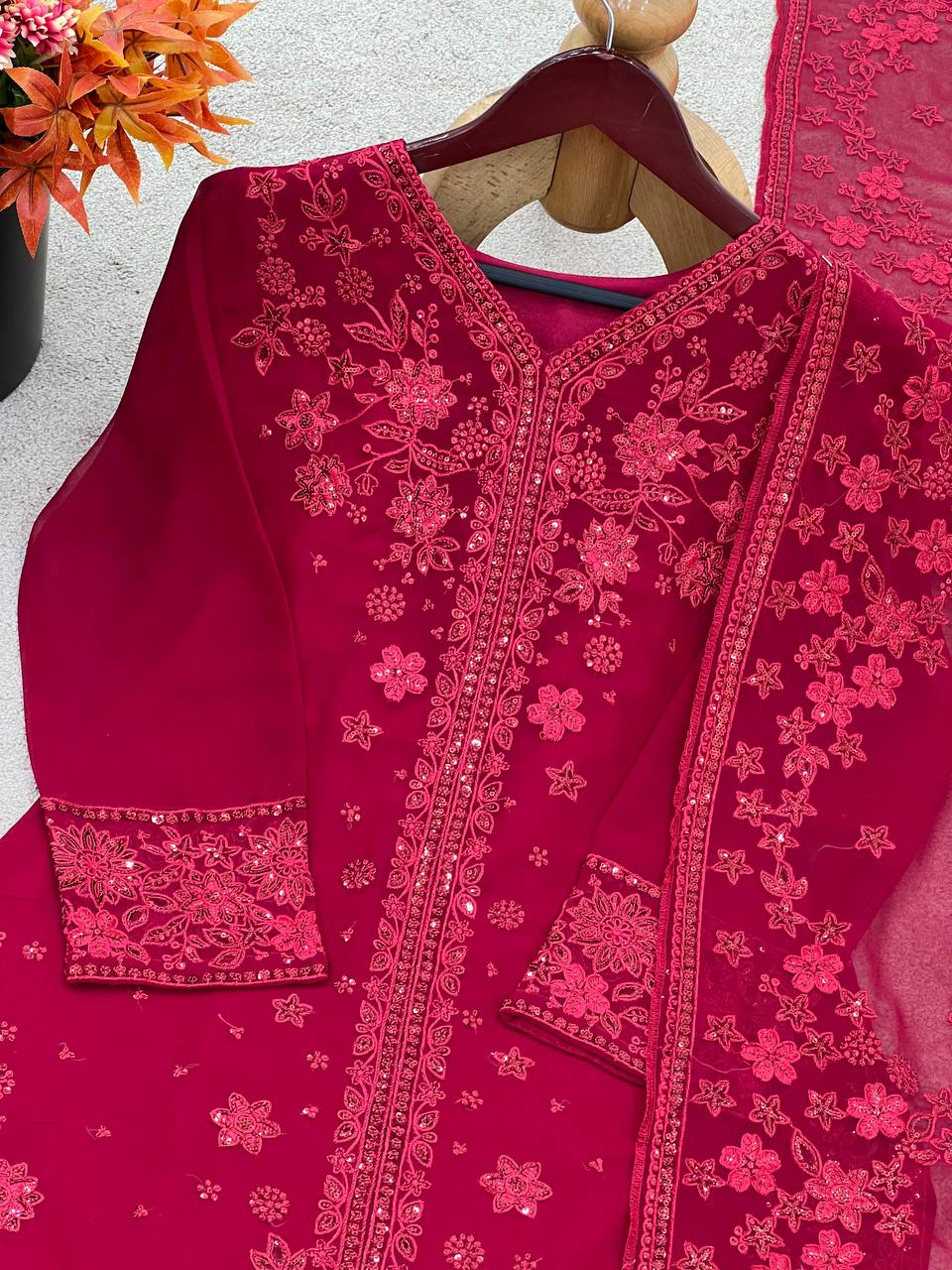 Festive Wear Maroon Color Pure Faux Georgette With Embroidery Sequence Work Palazzo Suit