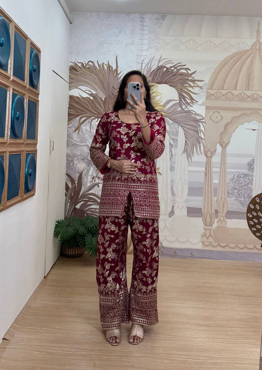 Stylish Maroon Color Dola Silk With Embroidery Work Designer Palazzo Suit