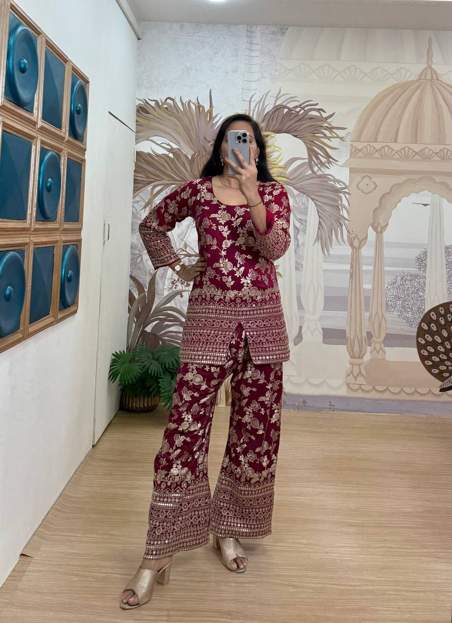 Stylish Maroon Color Dola Silk With Embroidery Work Designer Palazzo Suit