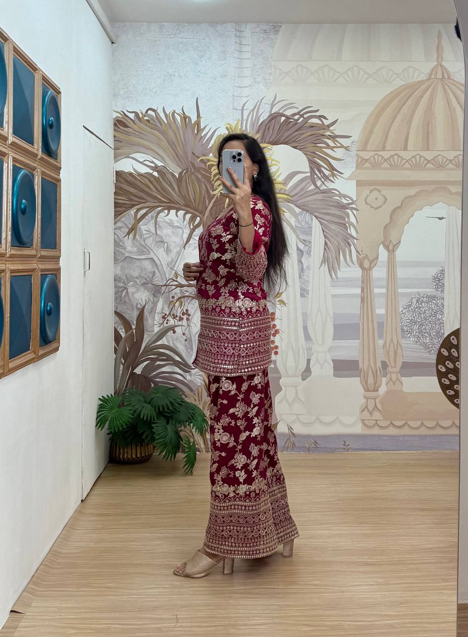 Stylish Maroon Color Dola Silk With Embroidery Work Designer Palazzo Suit