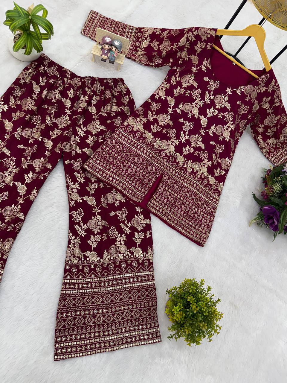 Stylish Maroon Color Dola Silk With Embroidery Work Designer Palazzo Suit