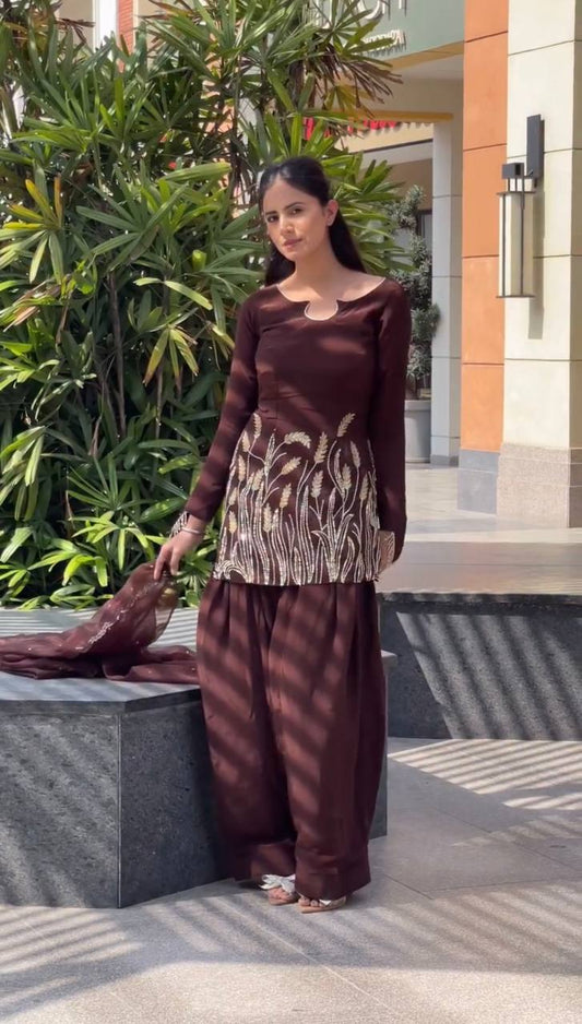 Festive Wear Brown Color Pure Faux Georgette With Embroidery Sequence Work Palazzo Suit