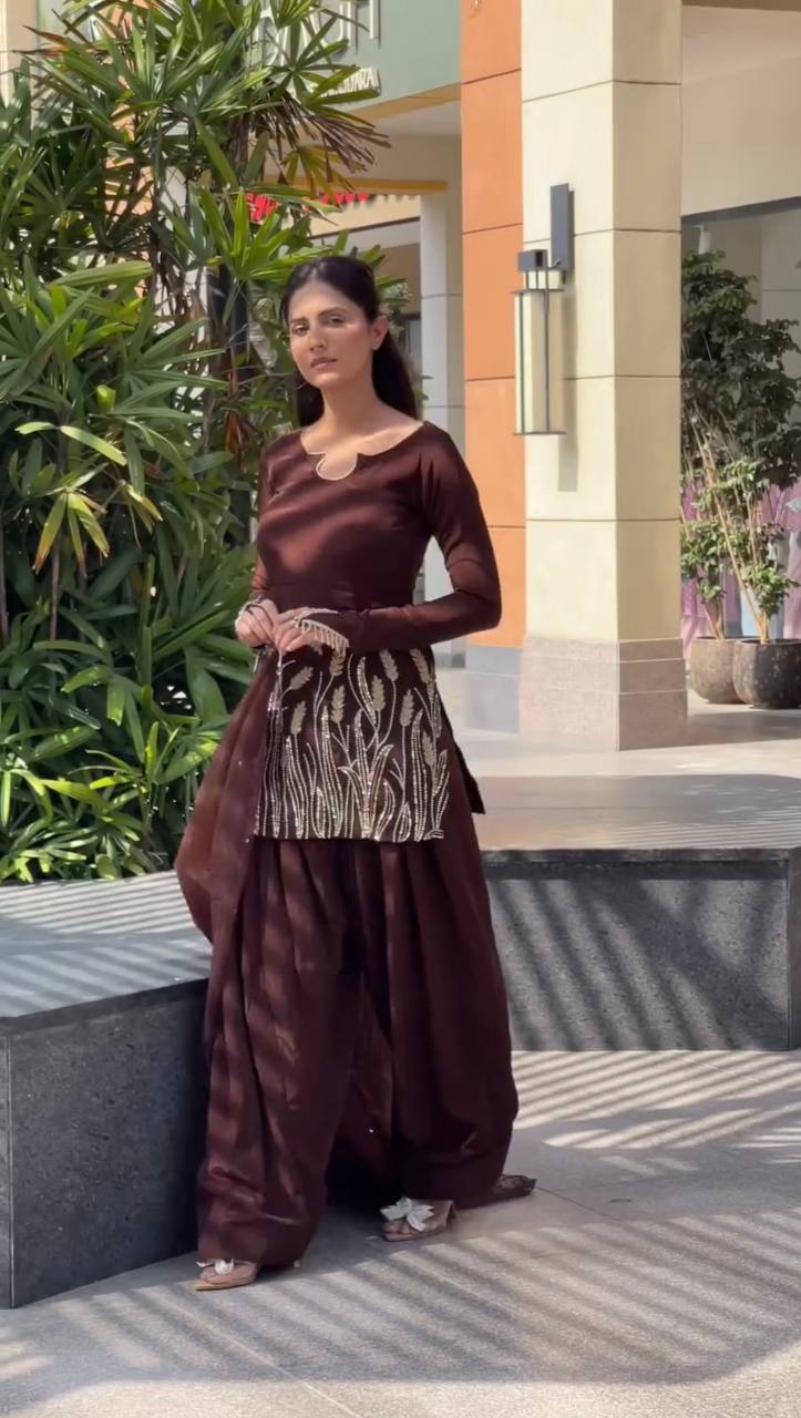 Festive Wear Brown Color Pure Faux Georgette With Embroidery Sequence Work Palazzo Suit