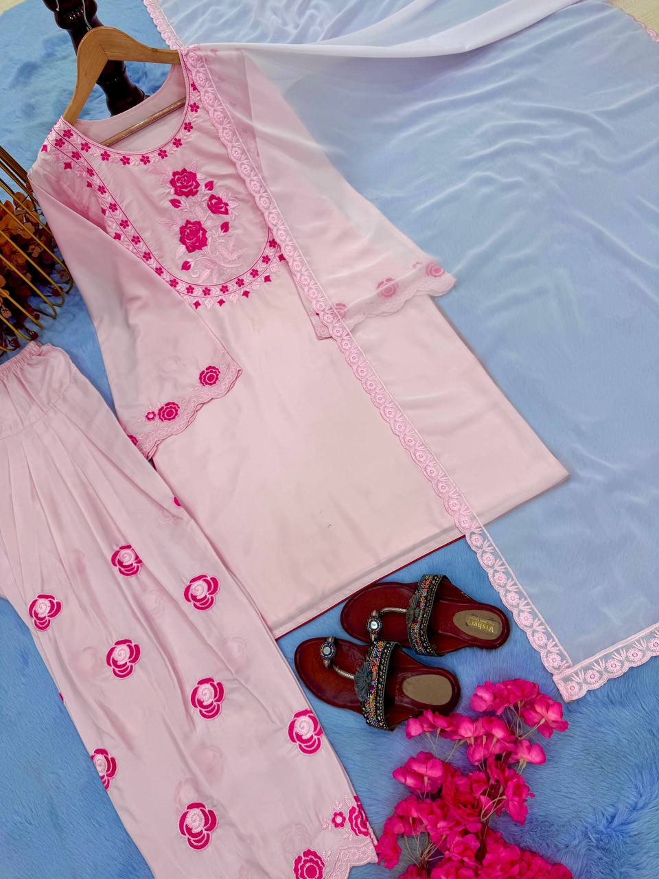 Gorgeous Peach Color Pure Natural Crepe With Embroidery Work Palazzo Suit