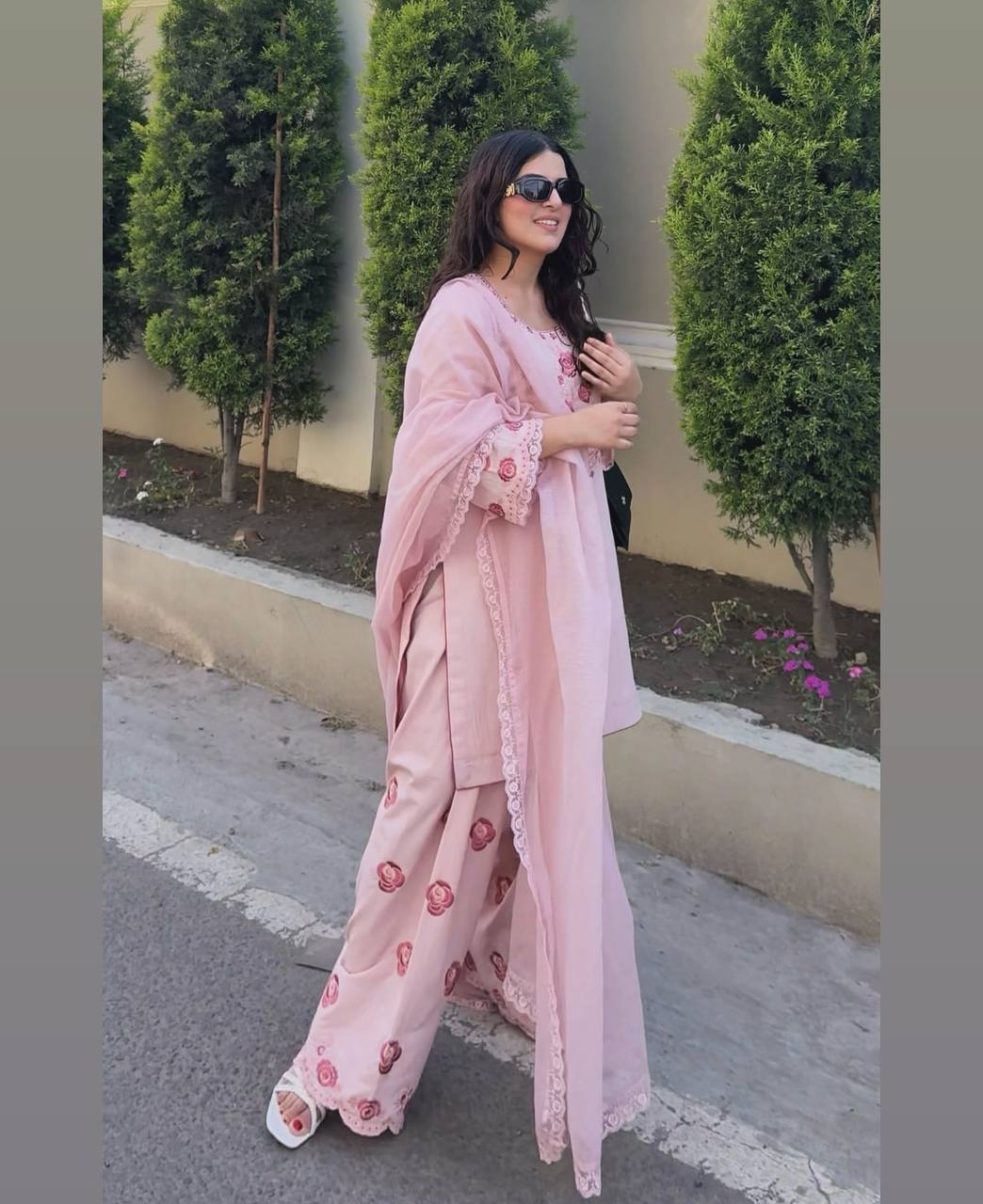 Gorgeous Peach Color Pure Natural Crepe With Embroidery Work Palazzo Suit