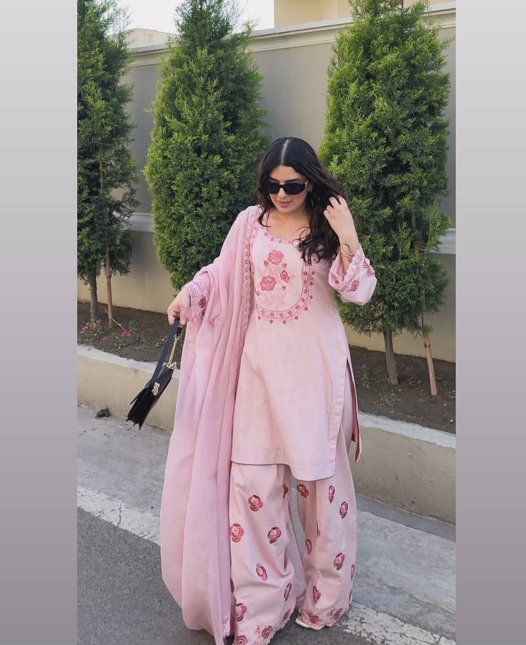 Gorgeous Peach Color Pure Natural Crepe With Embroidery Work Palazzo Suit