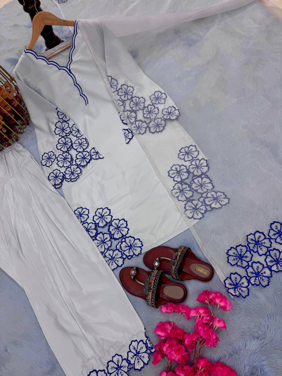 Wedding Wear Off White Color Pure Natural Crepe With Embroidery Work Palazzo Suit