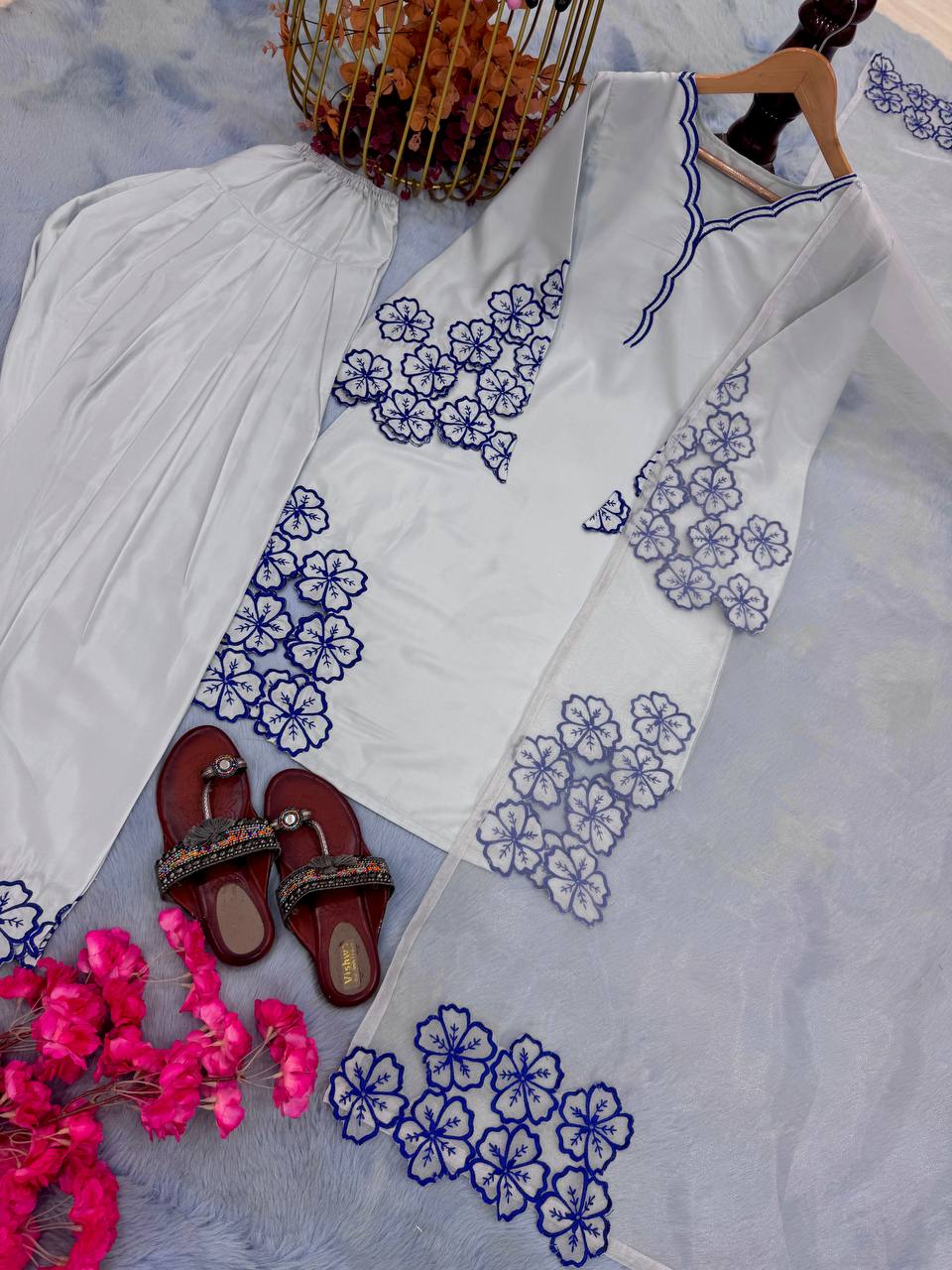 Wedding Wear Off White Color Pure Natural Crepe With Embroidery Work Palazzo Suit