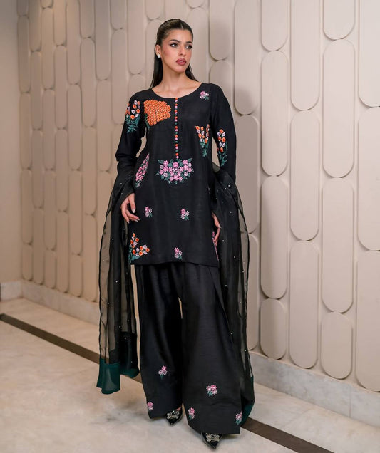 Fabulous Black Color Pure Natural Crep Silk With Embroidery Sequence Work Palazzo Suit
