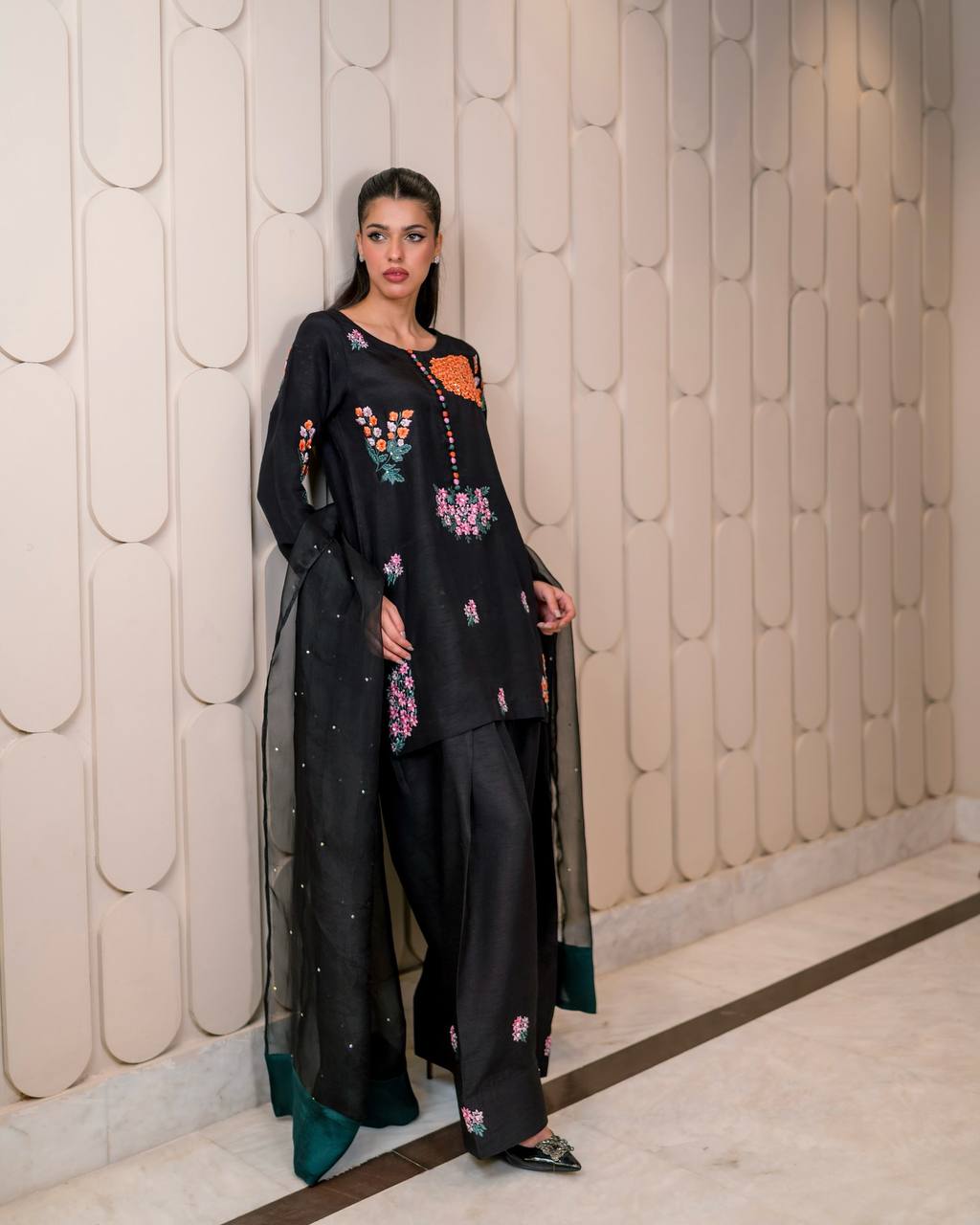 Fabulous Black Color Pure Natural Crep Silk With Embroidery Sequence Work Palazzo Suit
