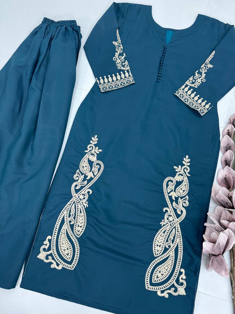 Engagement Wear Teal Blue Color Heavy Roman Silk Embroidry Work Designer Palazzo Suit