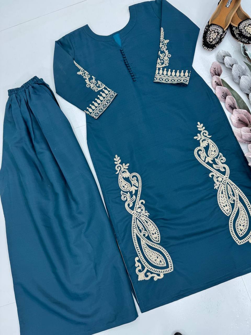 Engagement Wear Teal Blue Color Heavy Roman Silk Embroidry Work Designer Palazzo Suit
