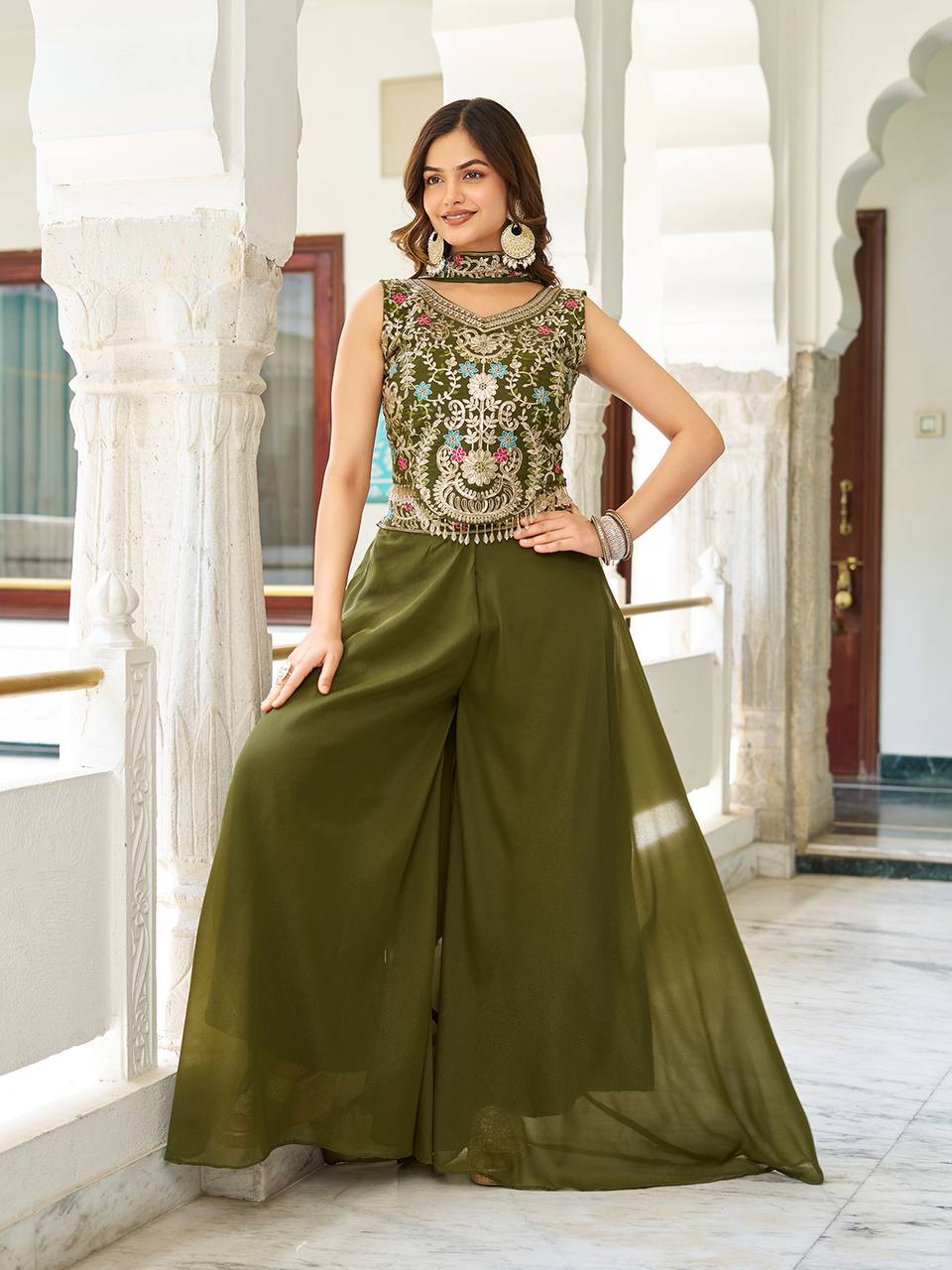 Wedding Wear Mahendi Green Star Georgette And Cording Sequence Work Palazzo Suit