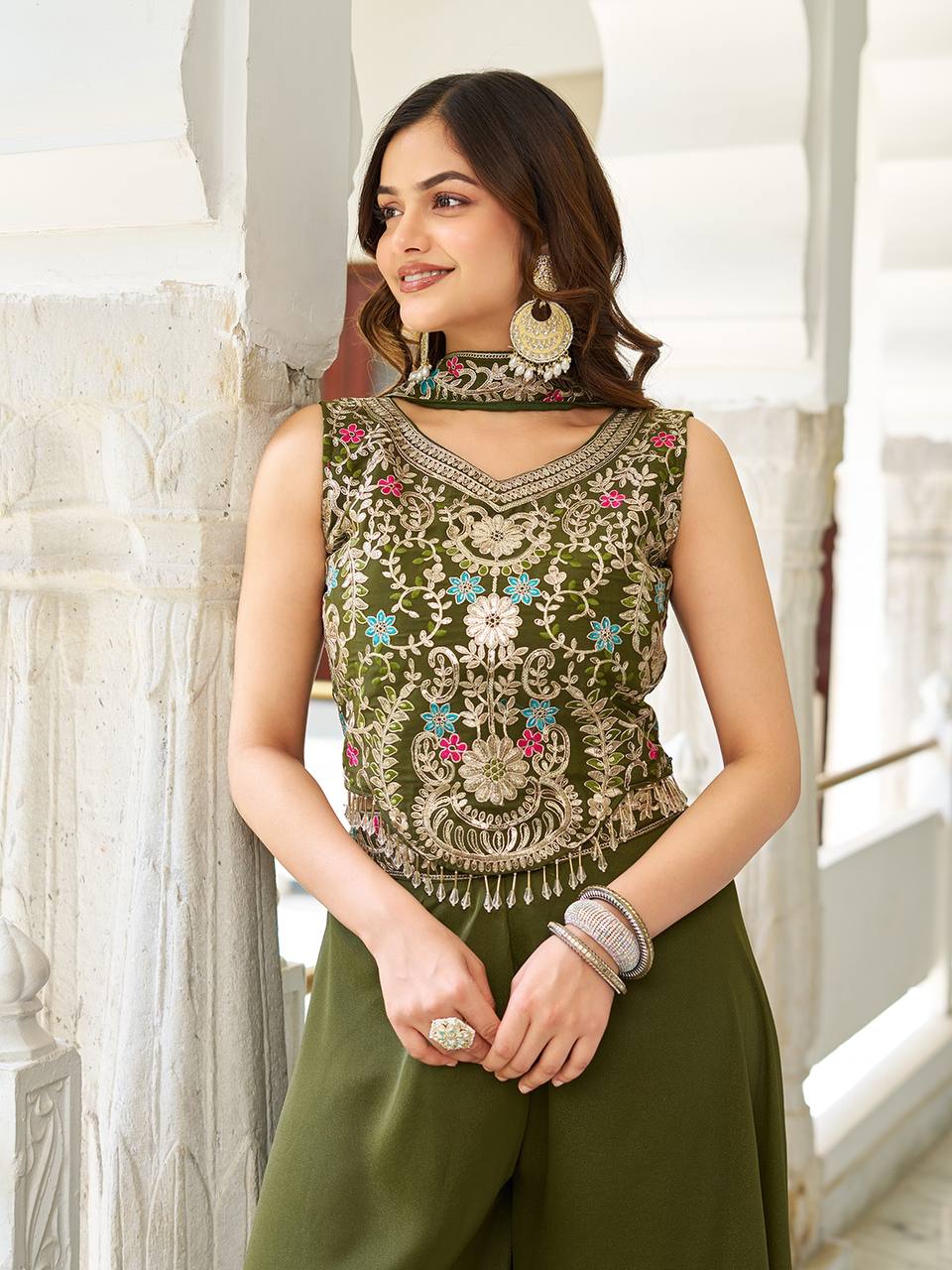 Wedding Wear Mahendi Green Star Georgette And Cording Sequence Work Palazzo Suit
