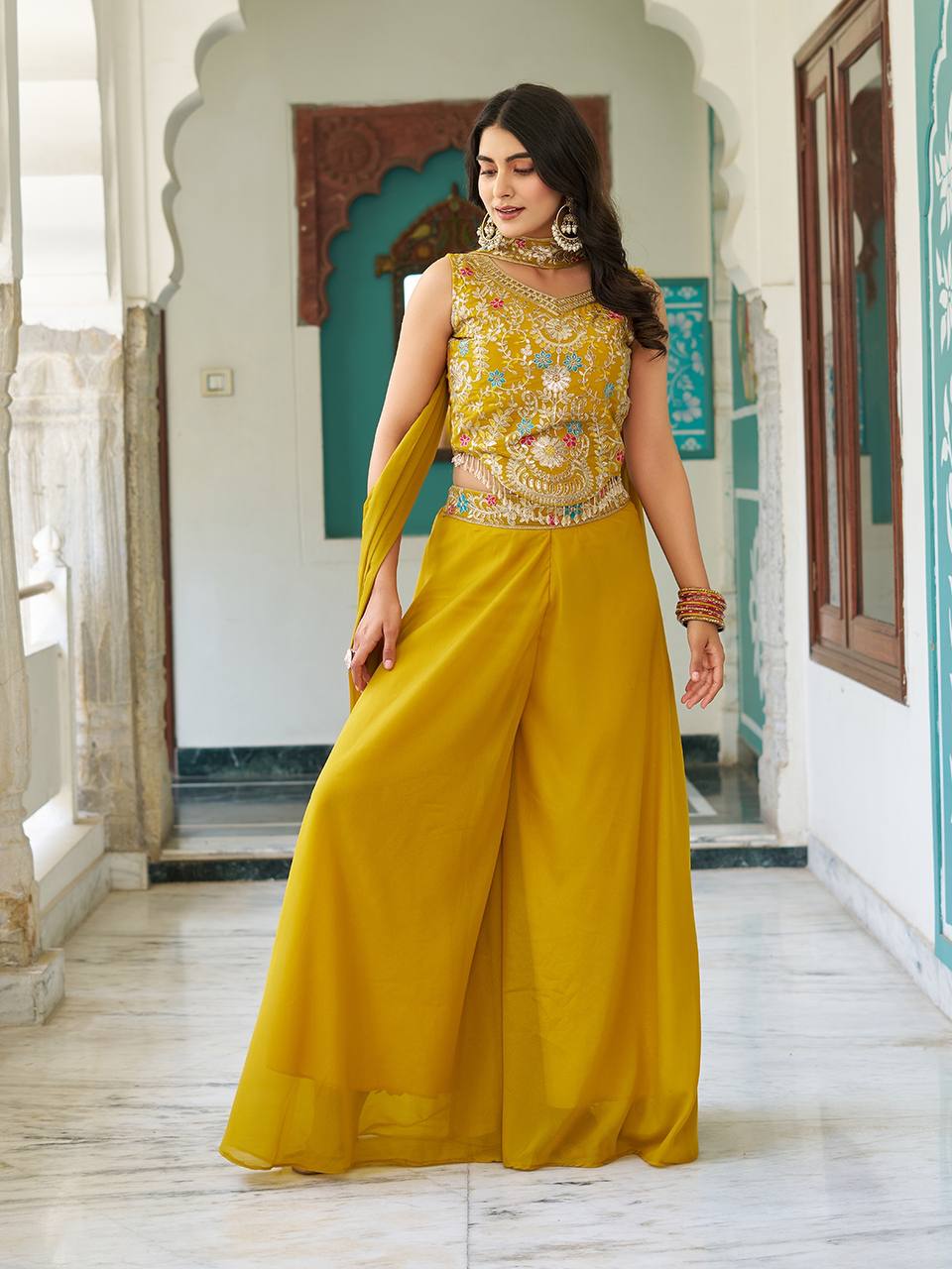 Haldi Special Yellow Star Georgette And Cording Sequence Work Palazzo Suit