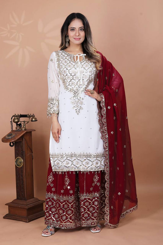 Party Wear Maroon Color Heavy Faux Georgette With Embroidery Sequence Work Sharara Suit