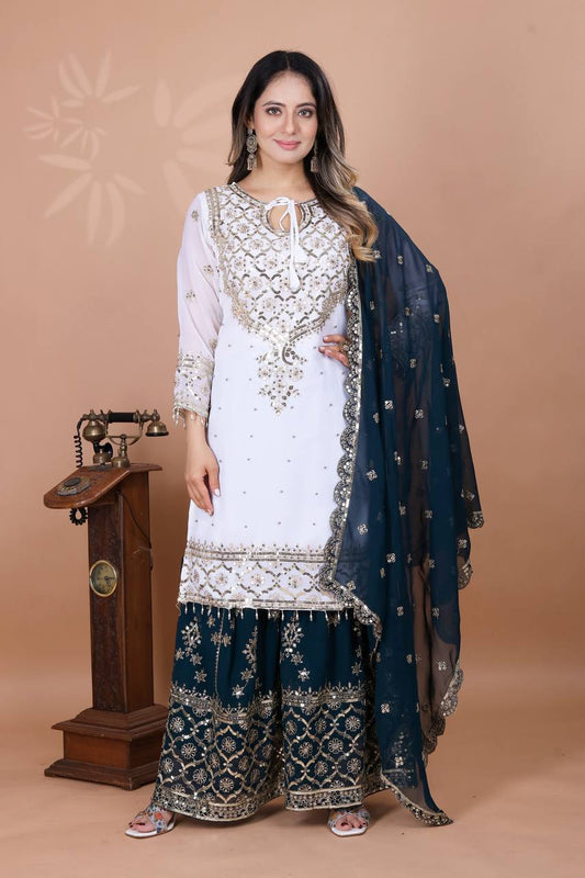 Eyes Catching Teal Blue Color Heavy Faux Georgette With Embroidery Sequence Work Sharara Suit