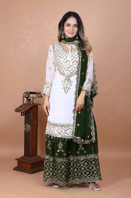 Eyes Catching Green Color Heavy Faux Georgette With Embroidery Sequence Work Sharara Suit