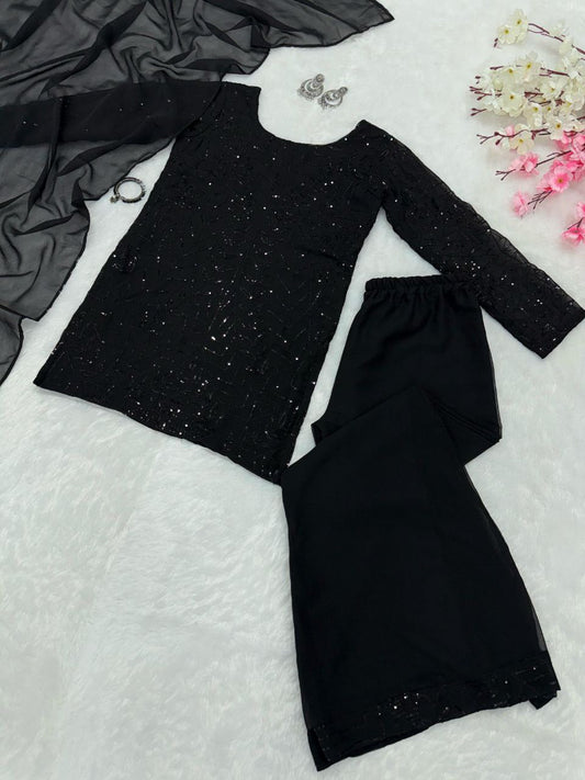 Party Wear Black Color Pure Georgette Embroidery Sequins Work Palazzo Suit