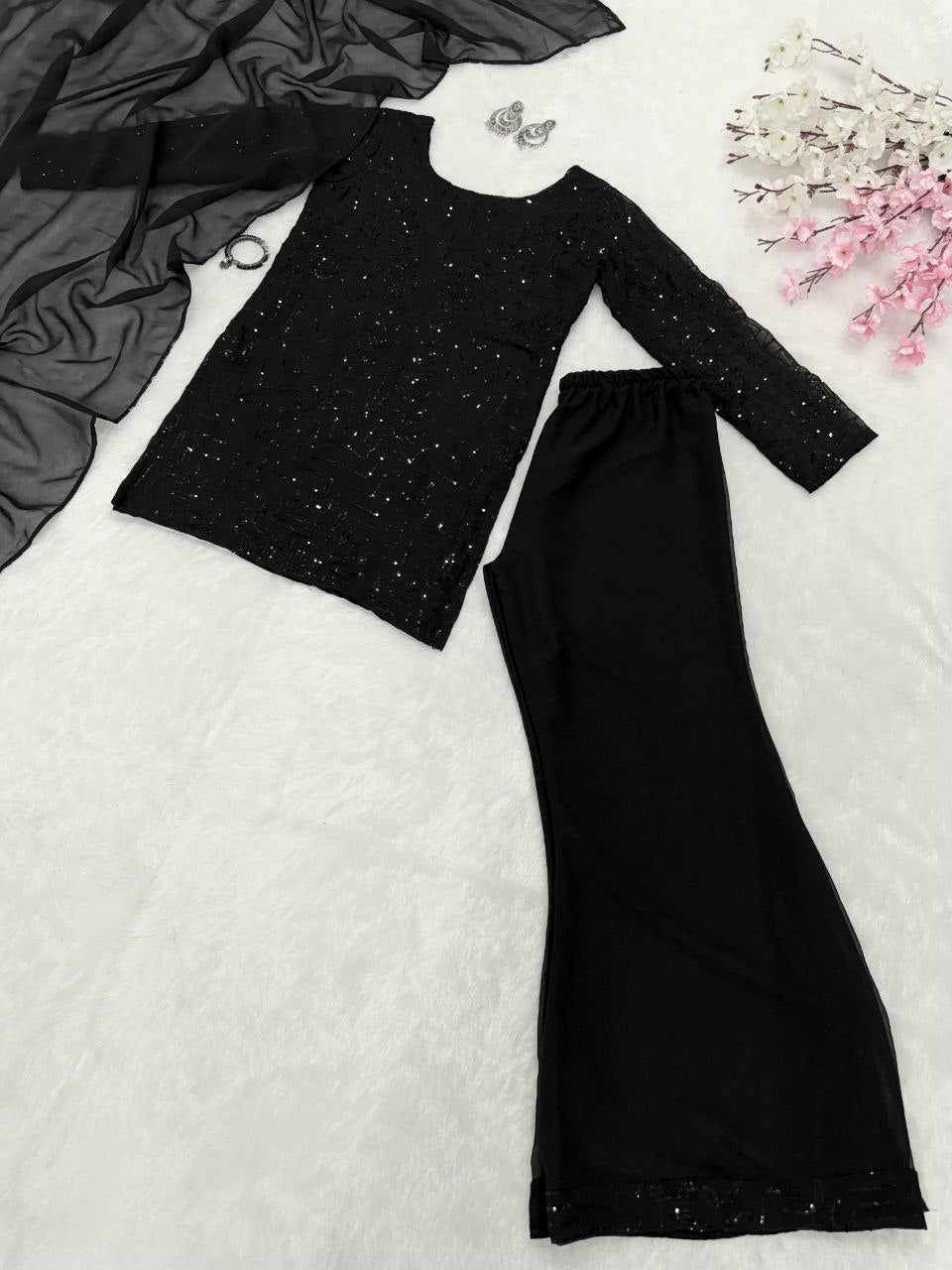 Party Wear Black Color Pure Georgette Embroidery Sequins Work Palazzo Suit