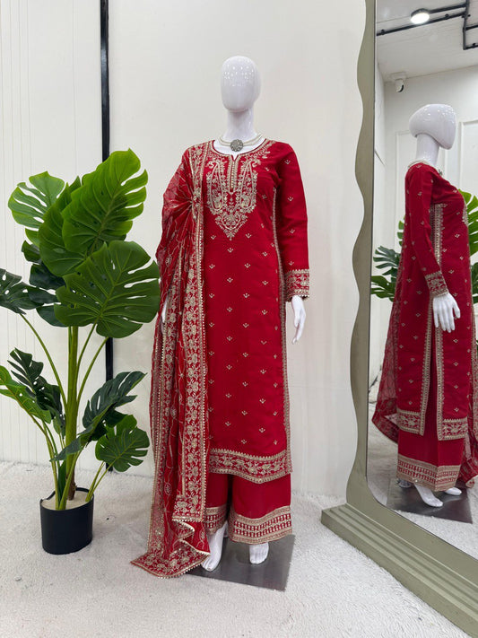 Alluring Red Color Roman Silk Thread With Sequence Work Palazzo Suit