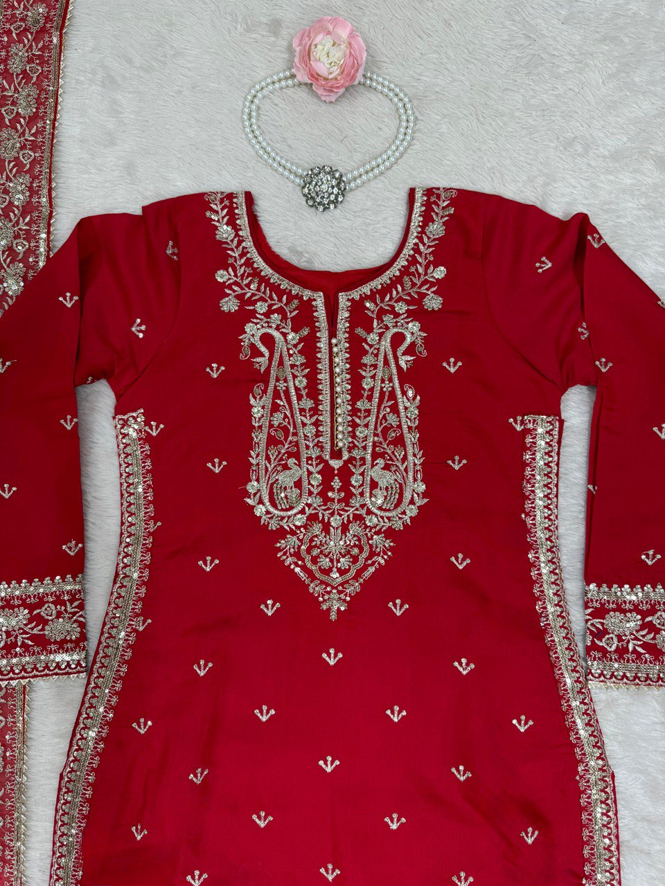 Alluring Red Color Roman Silk Thread With Sequence Work Palazzo Suit