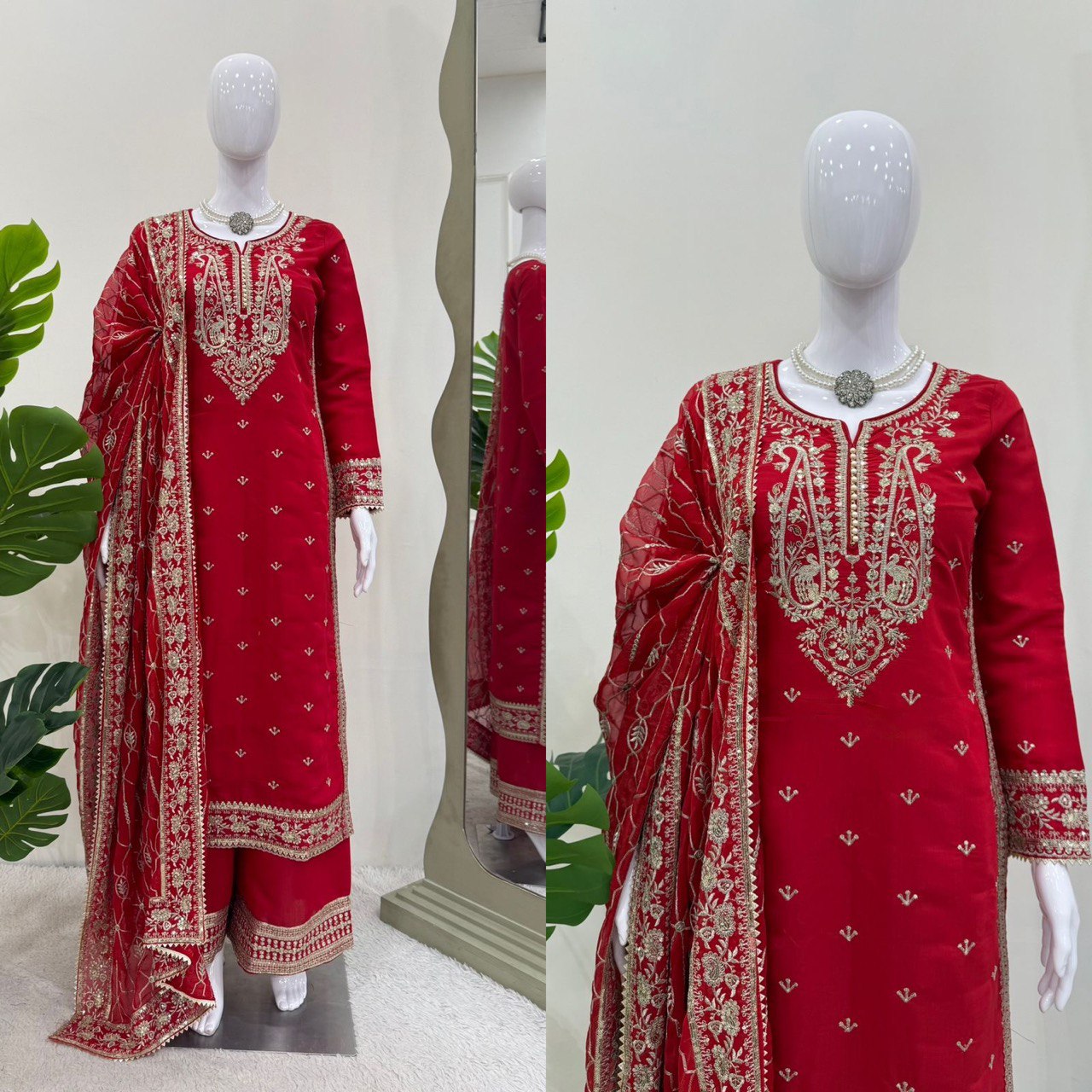 Alluring Red Color Roman Silk Thread With Sequence Work Palazzo Suit