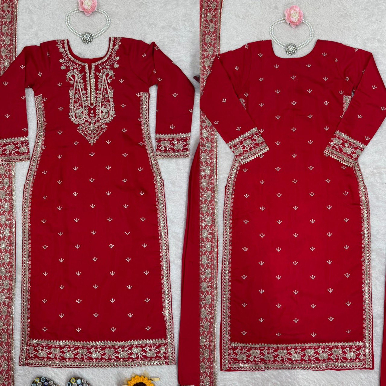 Alluring Red Color Roman Silk Thread With Sequence Work Palazzo Suit