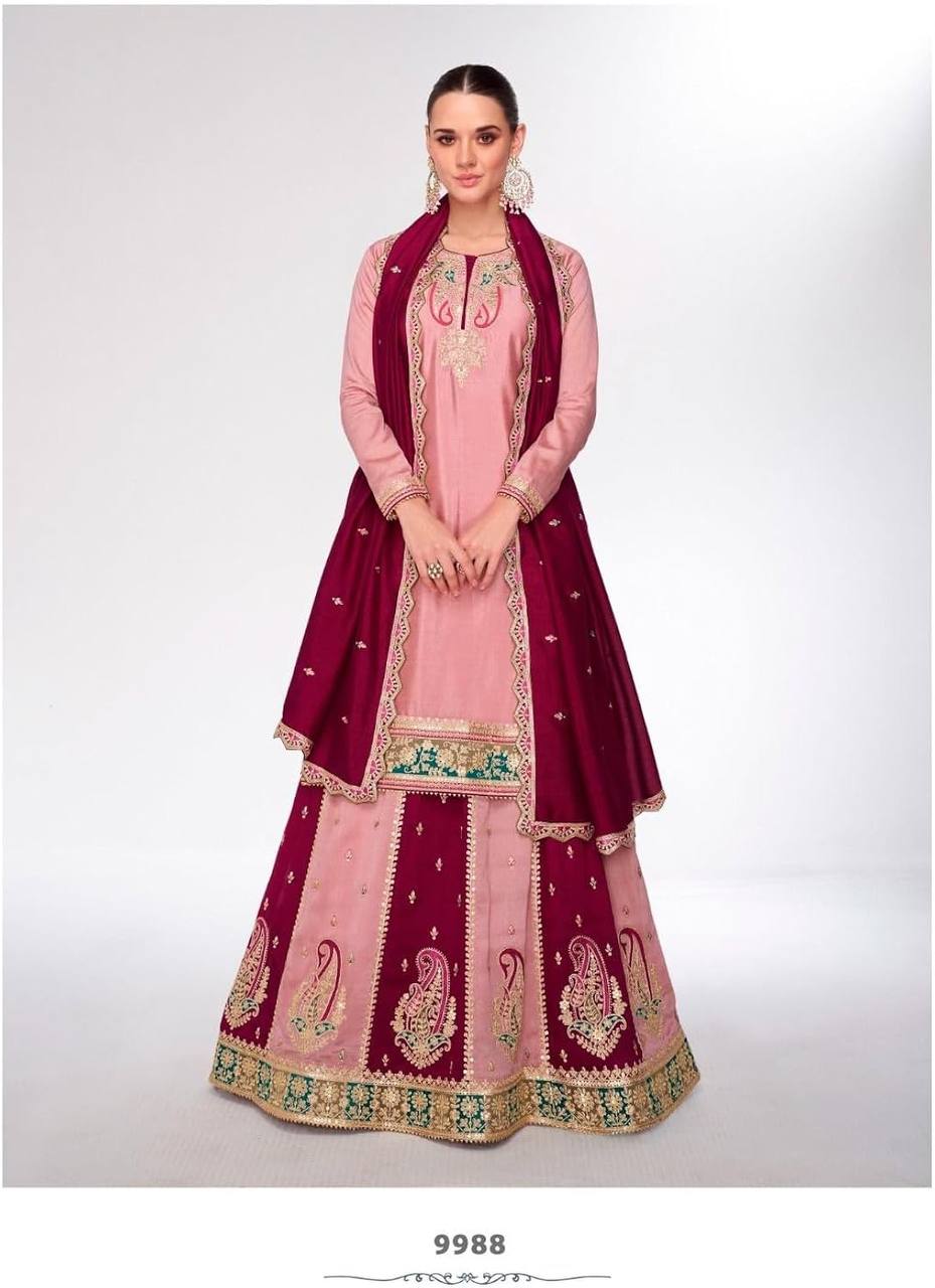 Celebrity Style Dusty Pink Color Pure Heavy Chinnon Silk With Heavy Embroidery Sequence Work Sharara Suit