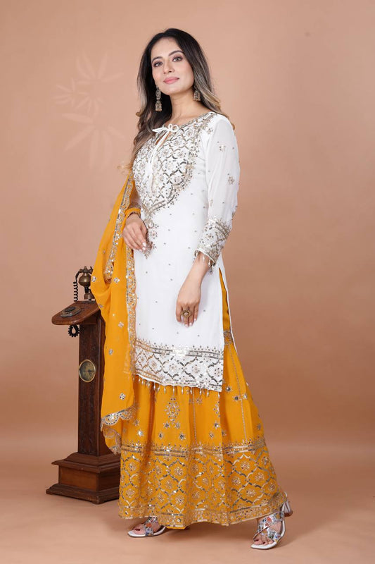 Eyes Catching Haldi Special Yellow Color Heavy Faux Georgette With Embroidery Sequence Work Sharara Suit