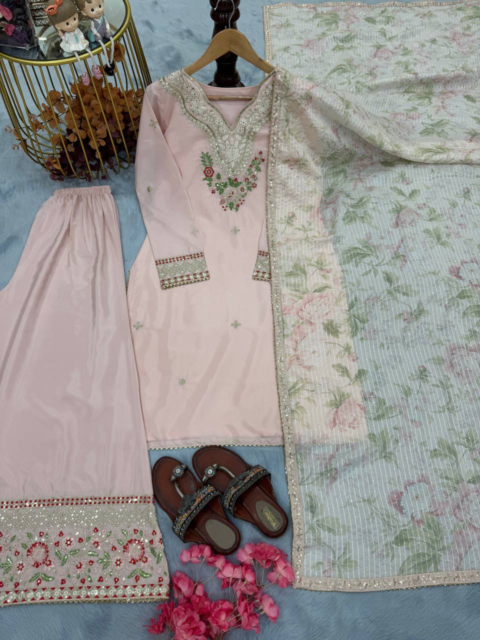 Ceremony Wear Baby Pink Color Pure Natural Crepe With Embroidery Work Palazzo Suit