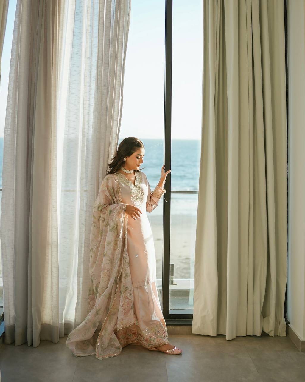 Ceremony Wear Baby Pink Color Pure Natural Crepe With Embroidery Work Palazzo Suit