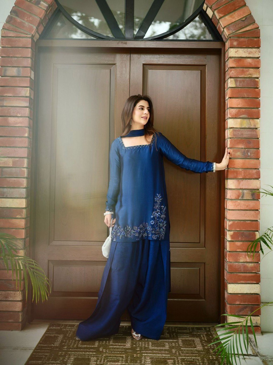 Wedding Wear Navy Blue Color Natural Crepe Beads With Moti With Thread Work Palazzo Suit