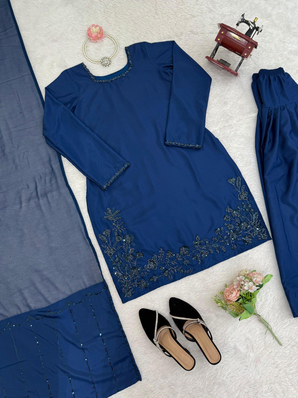 Wedding Wear Navy Blue Color Natural Crepe Beads With Moti With Thread Work Palazzo Suit