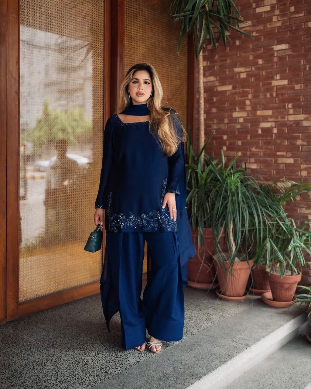 Wedding Wear Navy Blue Color Natural Crepe Beads With Moti With Thread Work Palazzo Suit