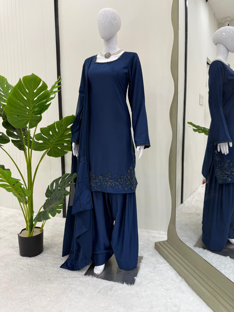 Wedding Wear Navy Blue Color Natural Crepe Beads With Moti With Thread Work Palazzo Suit