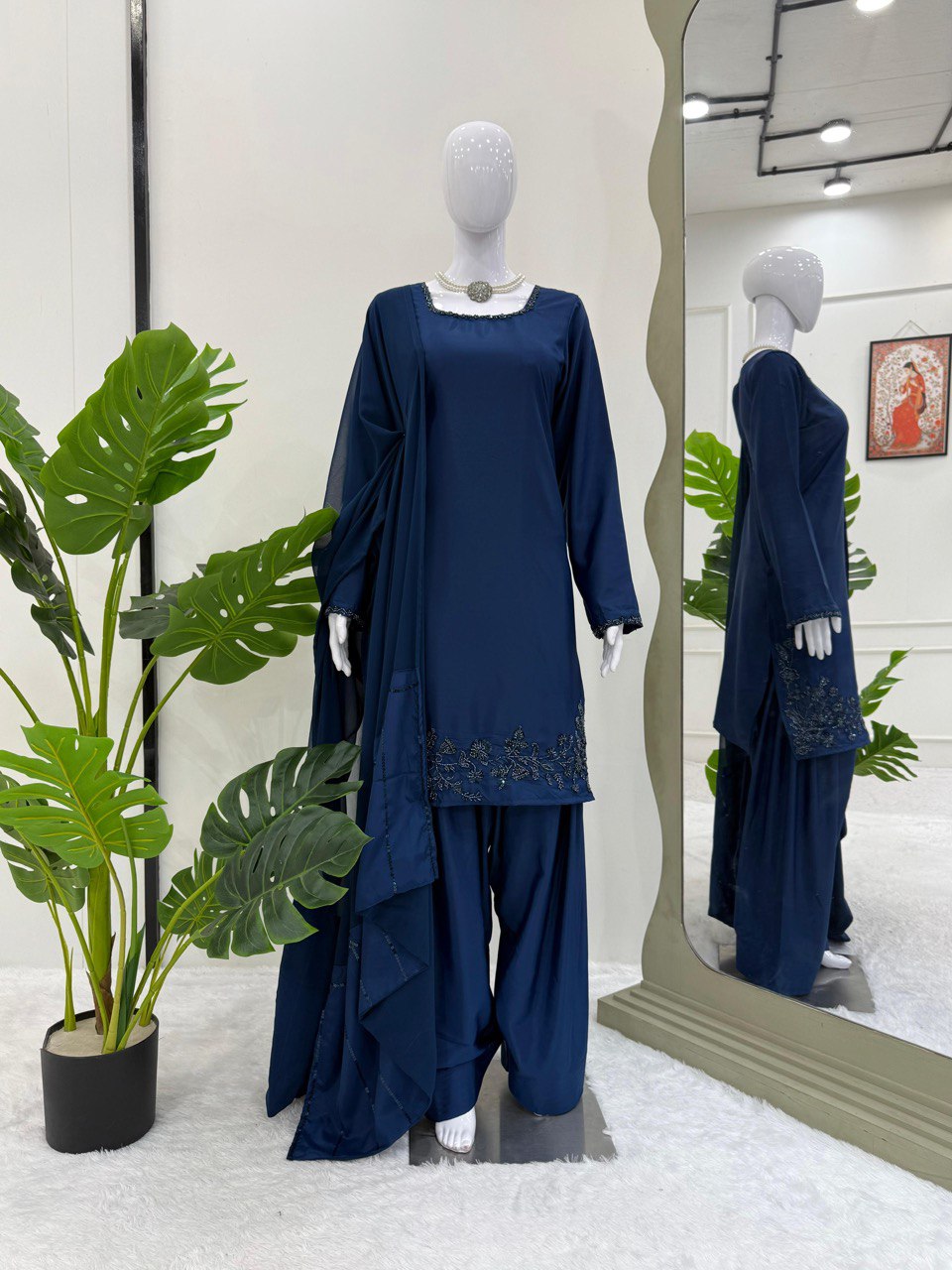Wedding Wear Navy Blue Color Natural Crepe Beads With Moti With Thread Work Palazzo Suit
