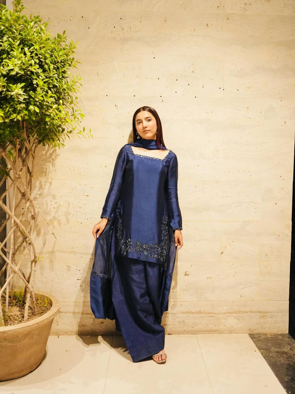 Ceremony Wear Navy Blue Color Pure Natural Crep Silk With Embroidery Sequence Work Palazzo Suit