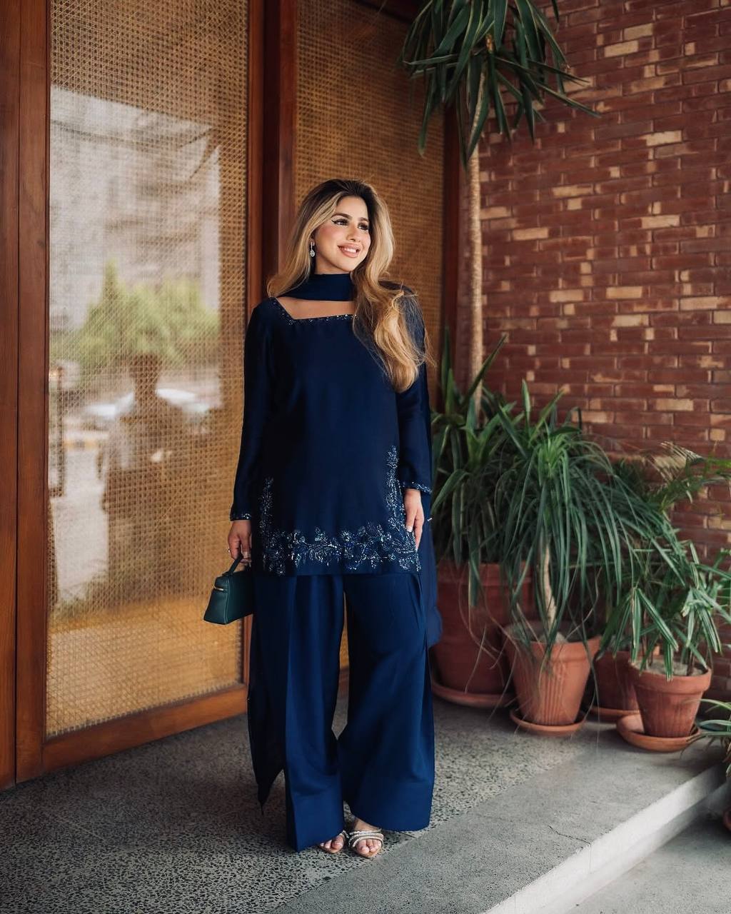 Ceremony Wear Navy Blue Color Pure Natural Crep Silk With Embroidery Sequence Work Palazzo Suit