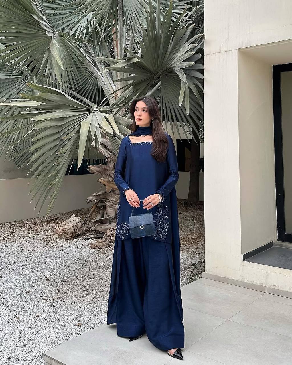 Ceremony Wear Navy Blue Color Pure Natural Crep Silk With Embroidery Sequence Work Palazzo Suit