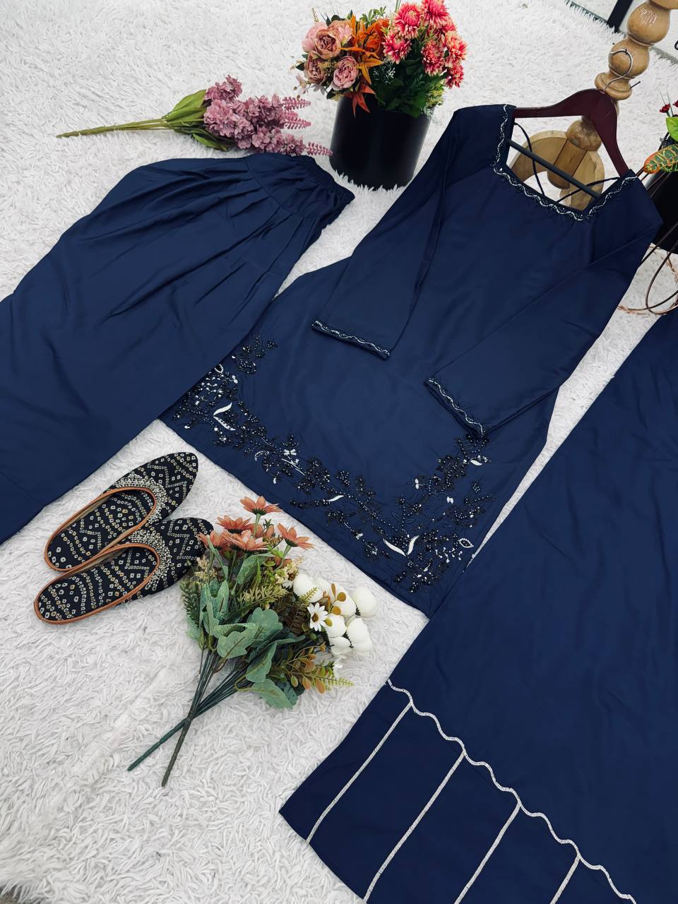 Ceremony Wear Navy Blue Color Pure Natural Crep Silk With Embroidery Sequence Work Palazzo Suit