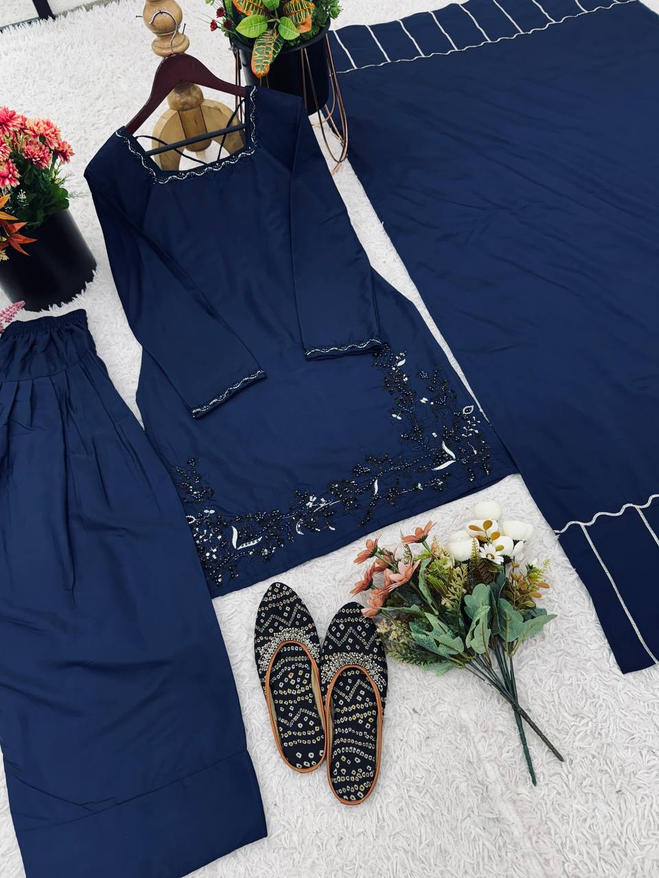 Ceremony Wear Navy Blue Color Pure Natural Crep Silk With Embroidery Sequence Work Palazzo Suit